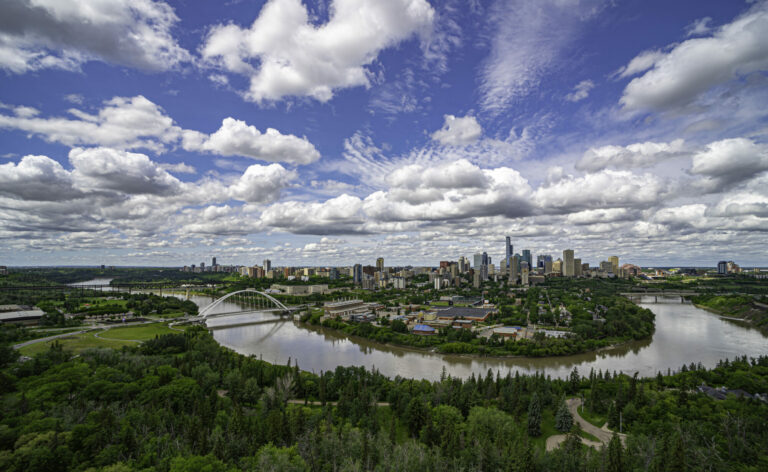 Panoramic aerial view of downtown Edmonton, Alberta, Canada.