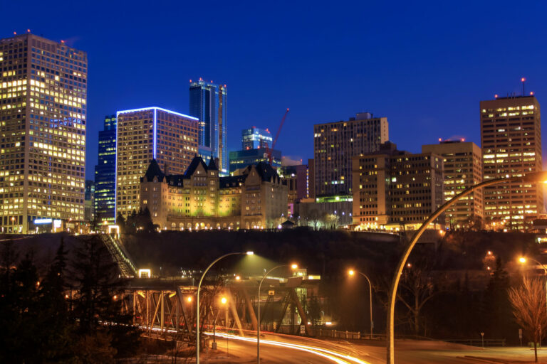 A view of light trails in the city of Edmonton at night